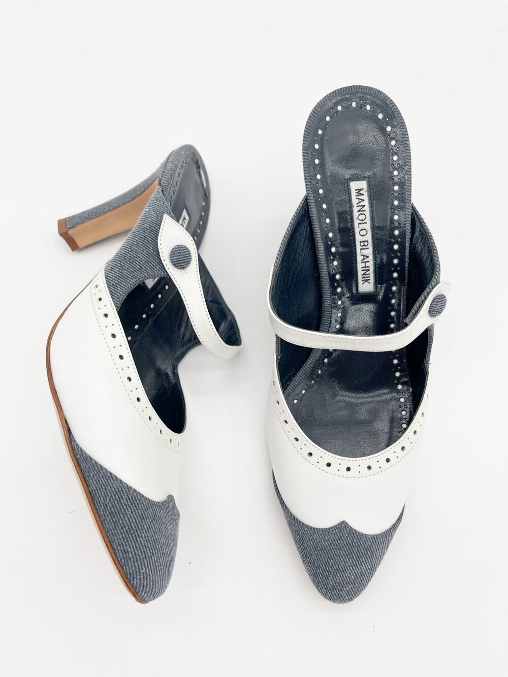 Manolo Blahnik Blue Denim White Leather Spectator Mary Jane Mule Heels IT 39